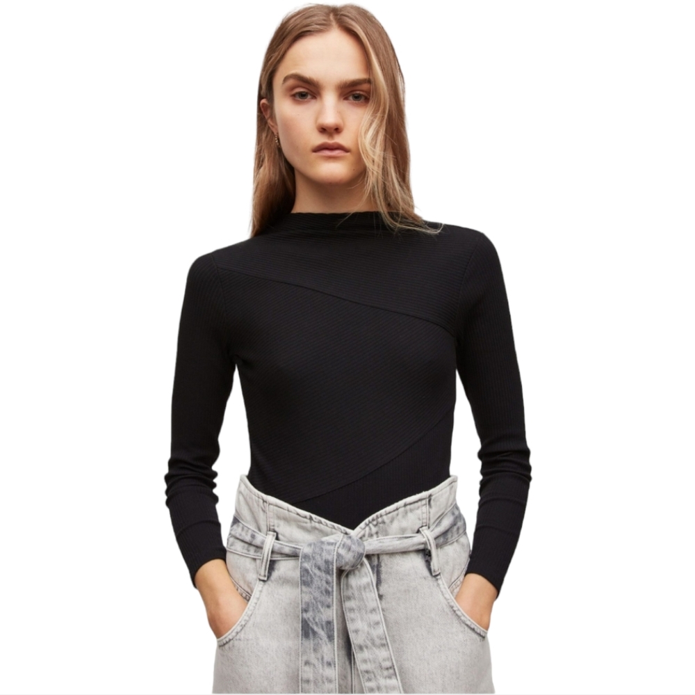 AllSaints Gia Ribbed Back Cutout Bodysuit Black